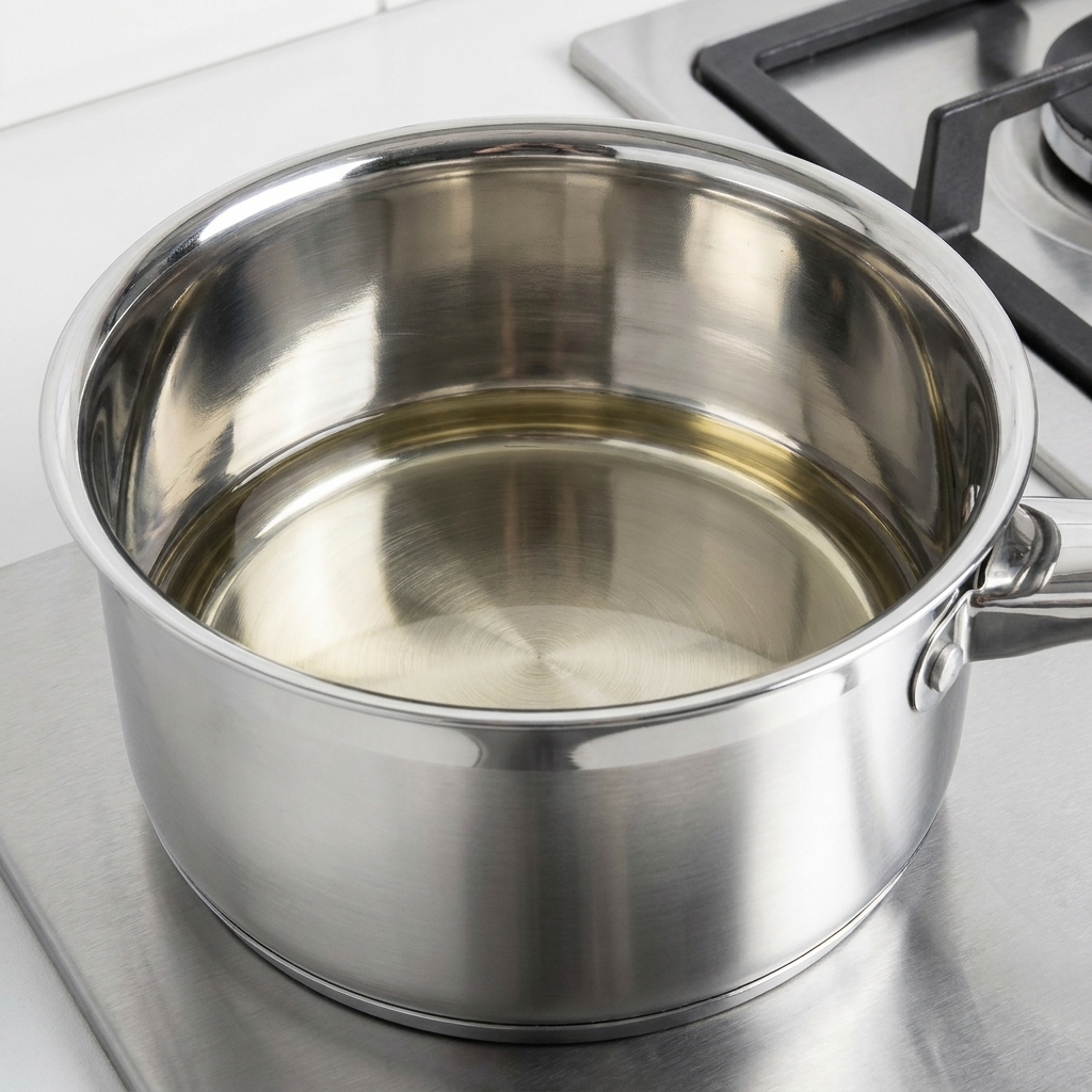 Yellow pollack being stir-fried in a stainless steel pot with oil using a wooden spoon.