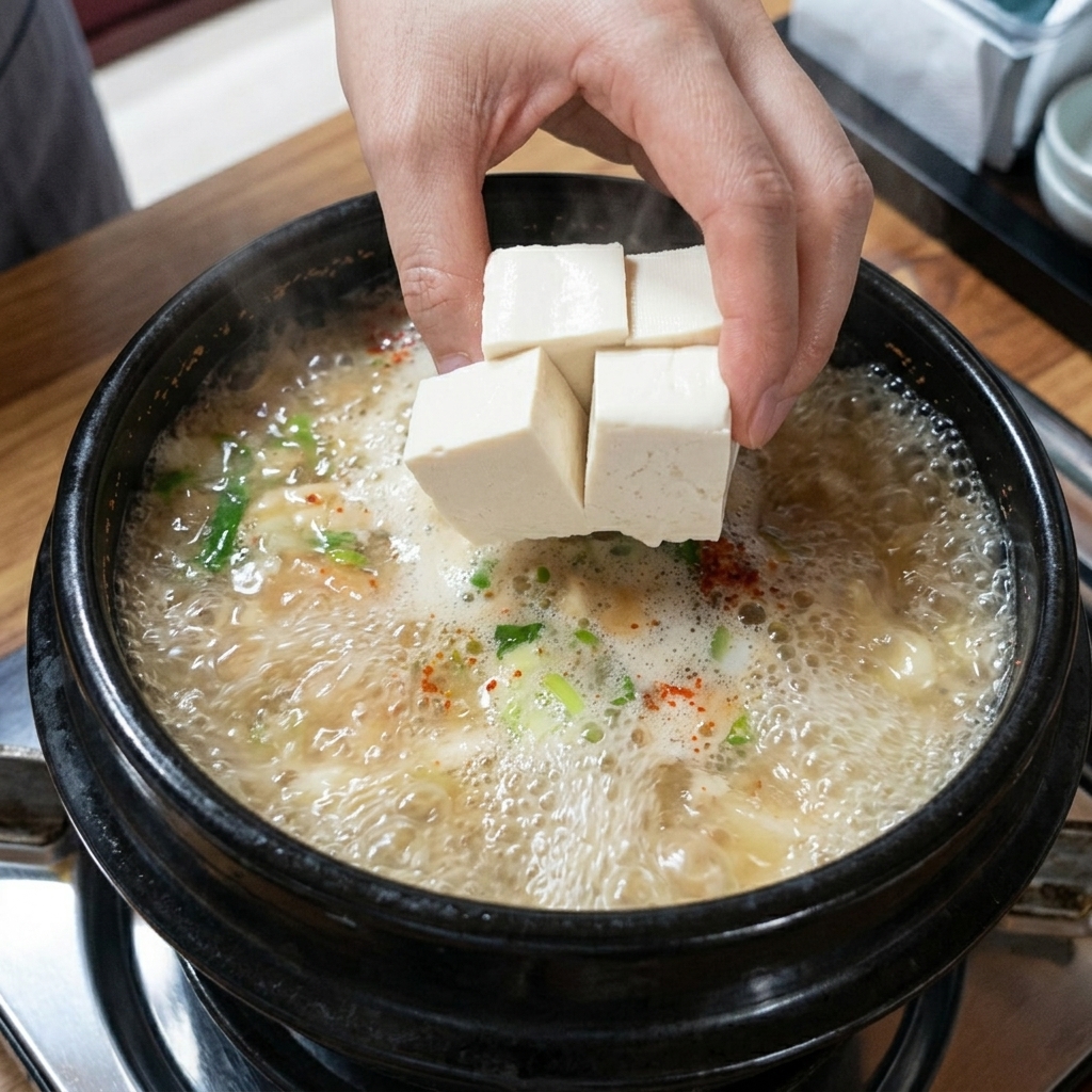 Slices of soft tofu being carefully added to the bubbling soybean paste stew.