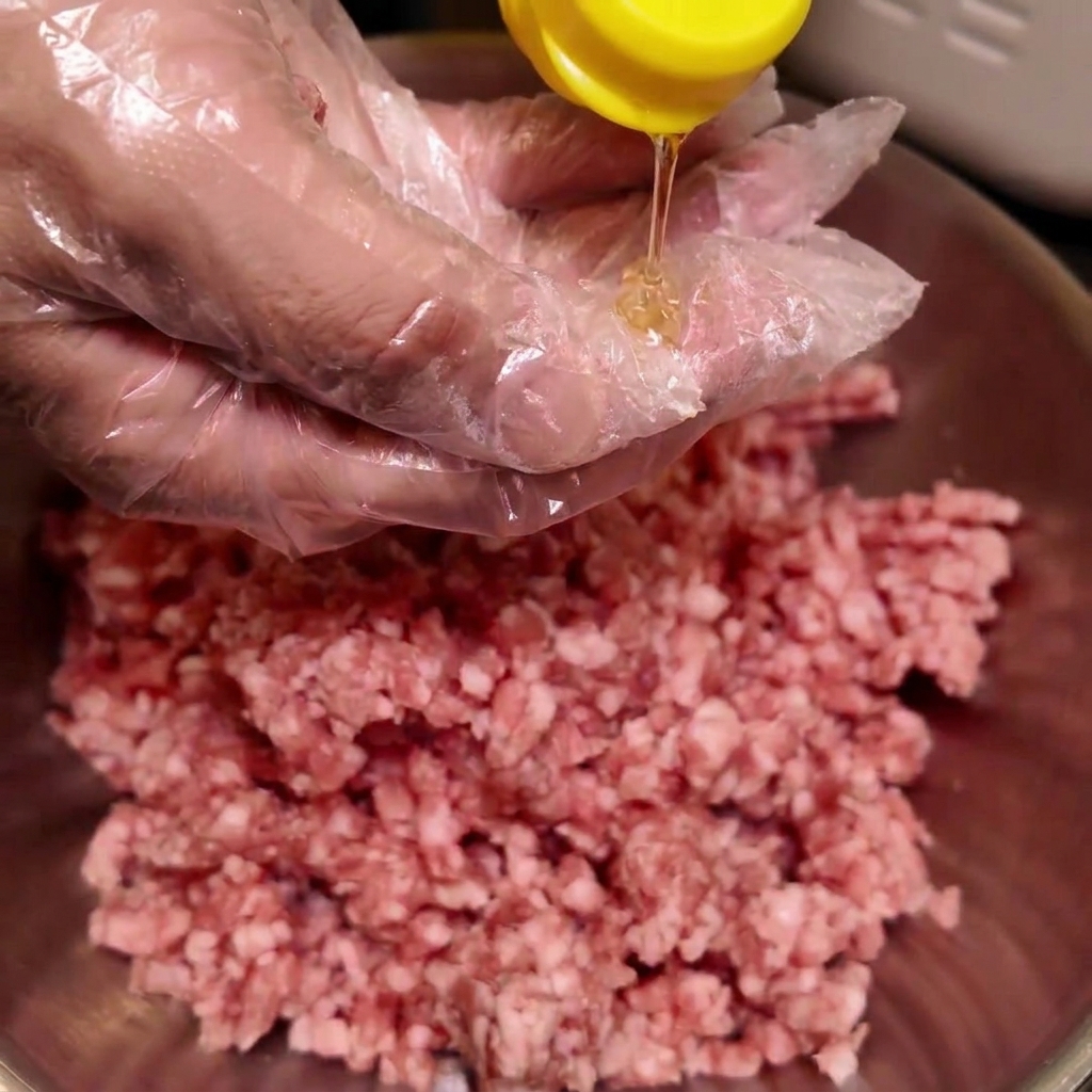 A gloved hand gently pouring cooking oil from a yellow bottle cap over fresh minced pork.