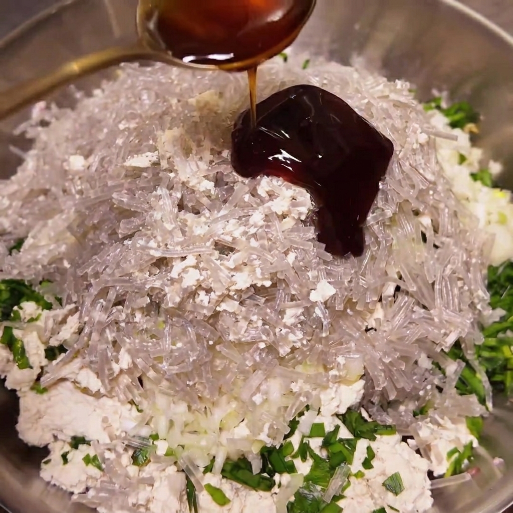 Dark soy sauce being poured from a metal spoon into a bowl filled with chopped tofu, noodles, and other ingredients.