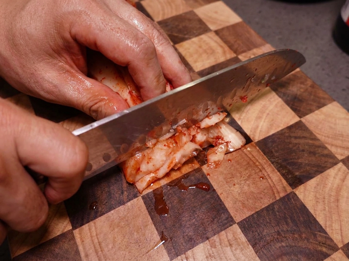 A chefs knife finely chopping bright red fermented kimchi on a checkered wooden cutting board.