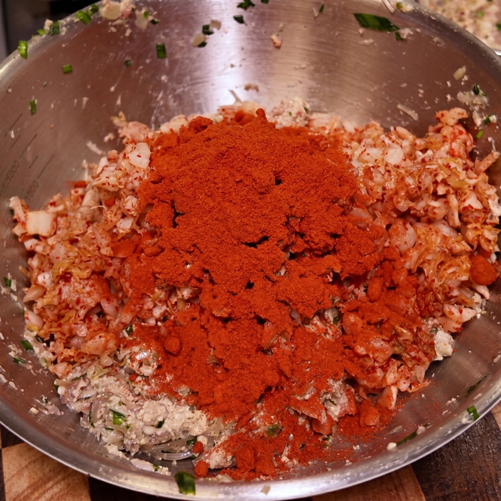 A large mound of fine red chili powder resting on top of a mixture of minced meat, tofu, and chopped kimchi in a stainless steel mixing bowl.
