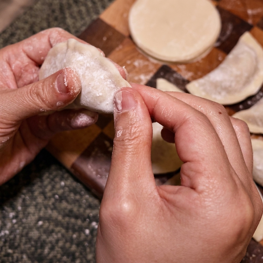 Hands carefully pinching and folding the edges of a round white dumpling wrapper filled with red kimchi mixture.