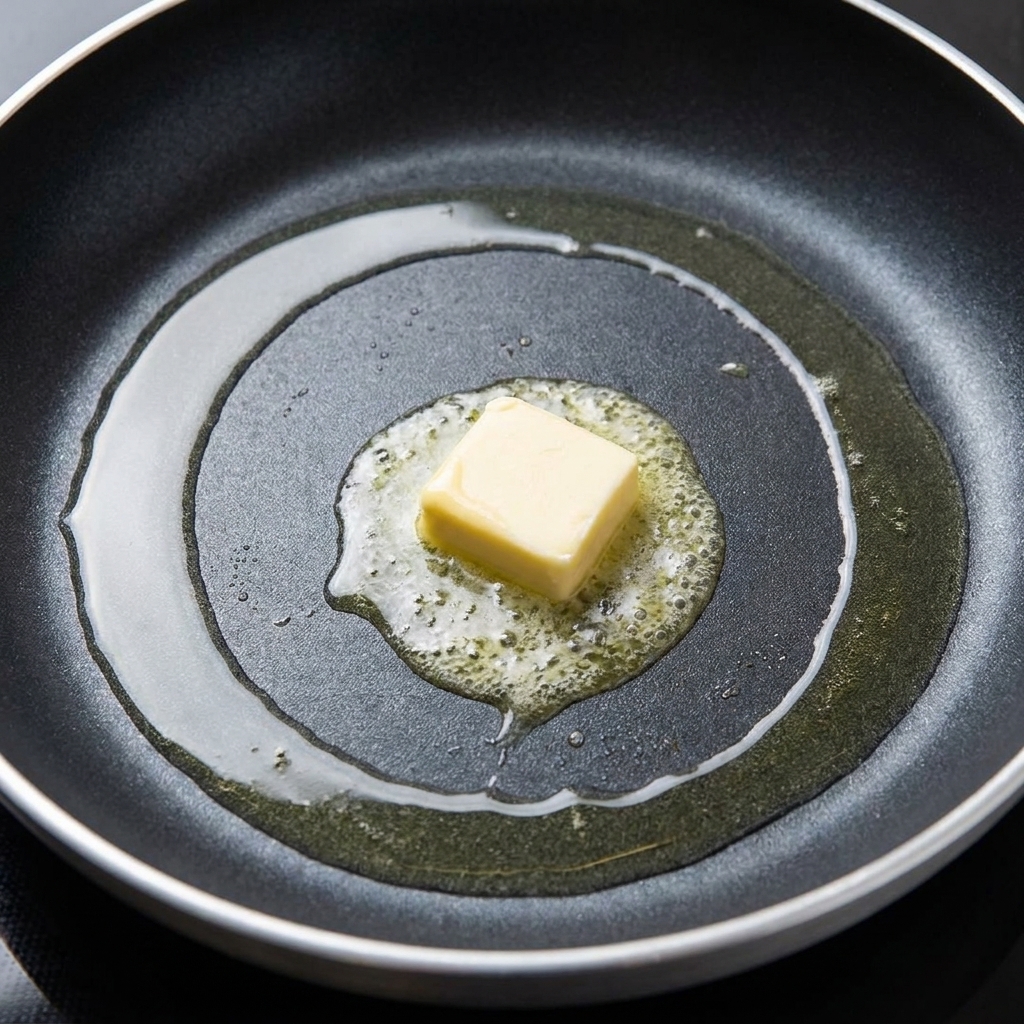 Golden toasted burger buns resting in a buttery pan.
