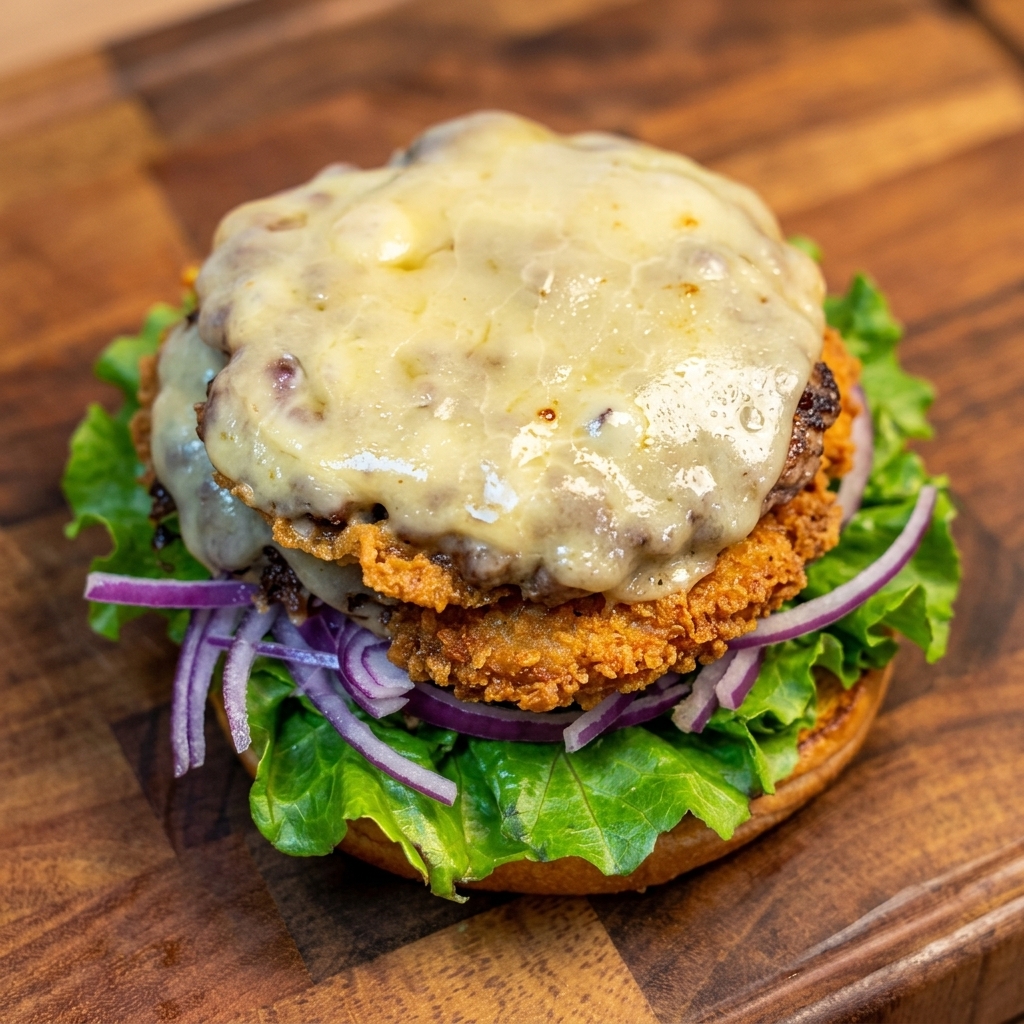 Juicy beef patty with melted cheese being added to the burger stack.