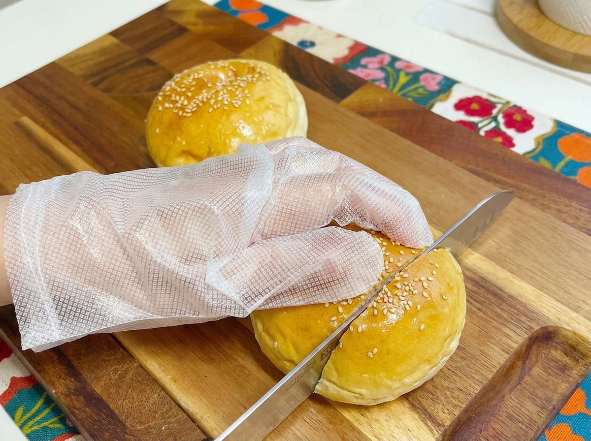 A sliced burger bun resting on a wooden board.