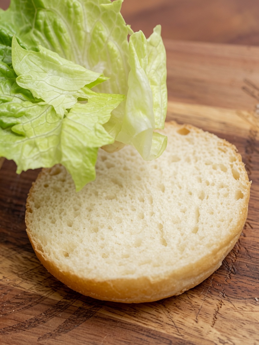 Fresh green lettuce leaves being placed onto the bottom half of a plain white burger bun.