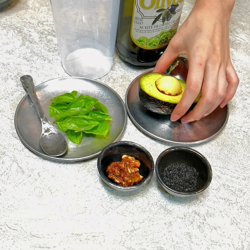 A blender containing avocado, basil, walnuts, and other sauce ingredients ready to be processed into a smooth green sauce.
