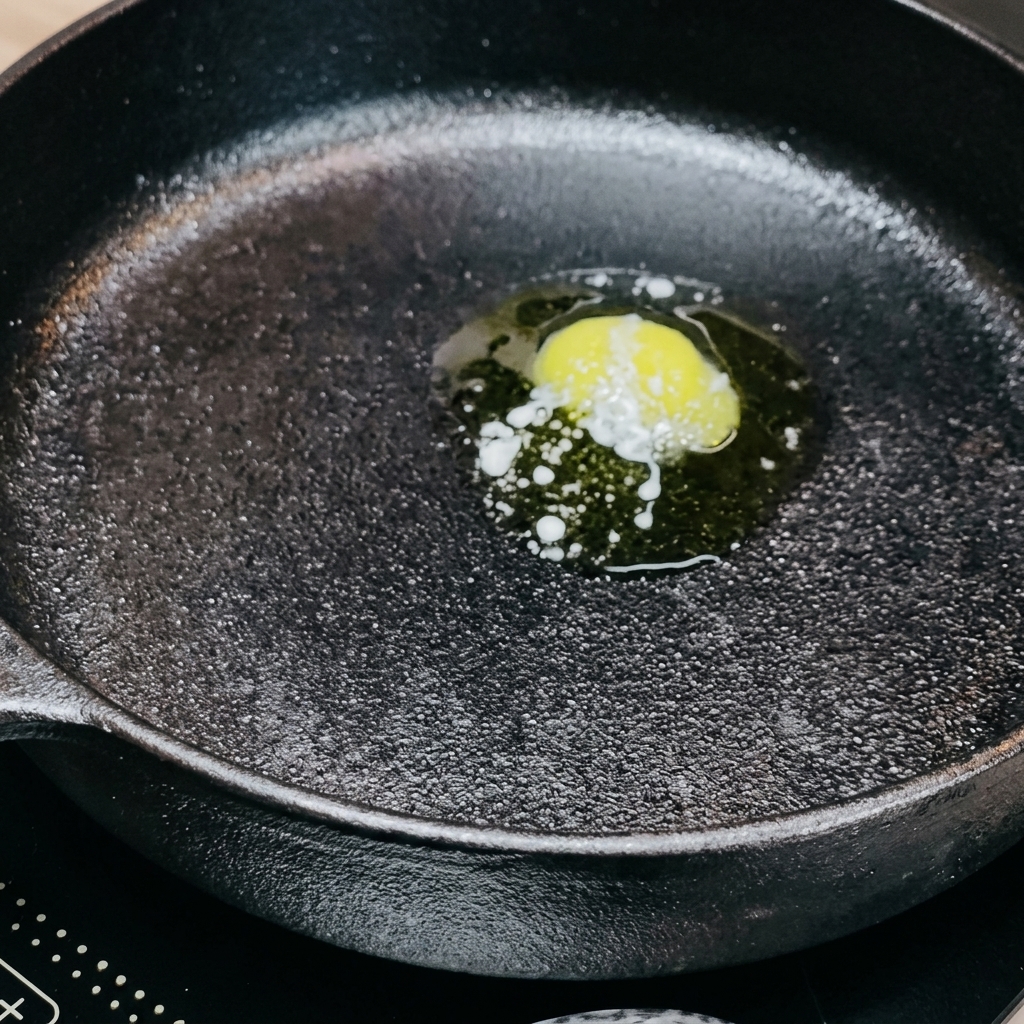 Butter melting in a hot pan with pieces of marinated chicken leg meat added.