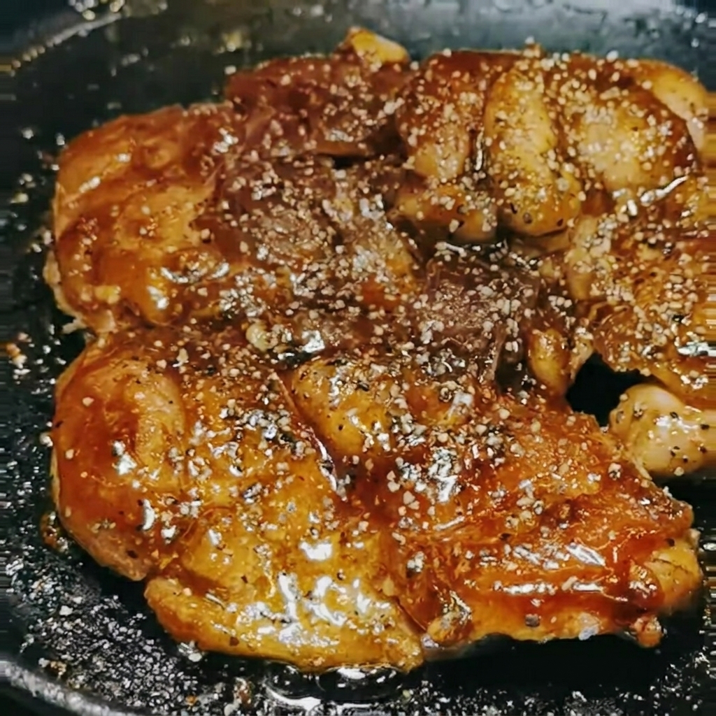 Cooked, glazed chicken pieces in a pan being seasoned with black pepper from a grinder.