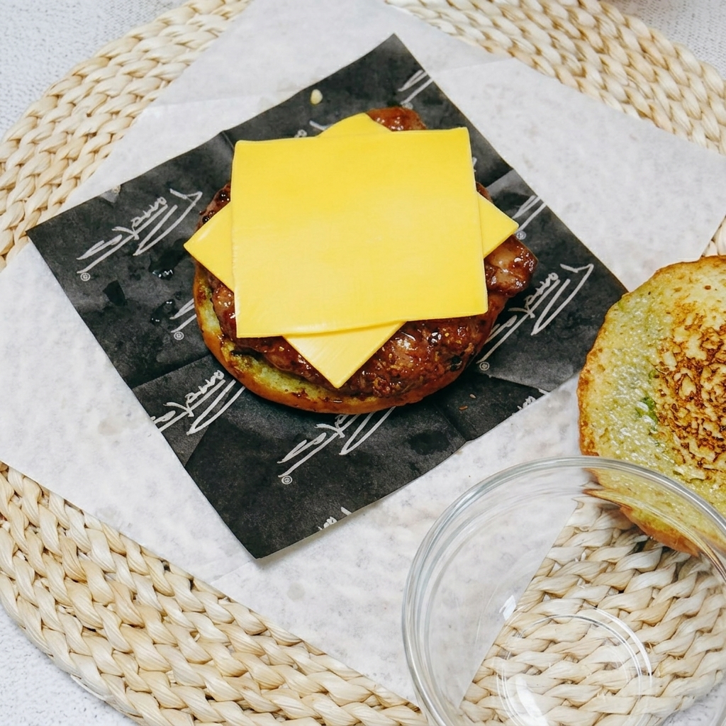 A stack of cheese, cucumber, pickles, fried egg, and tomato being placed on top of the chicken burger.