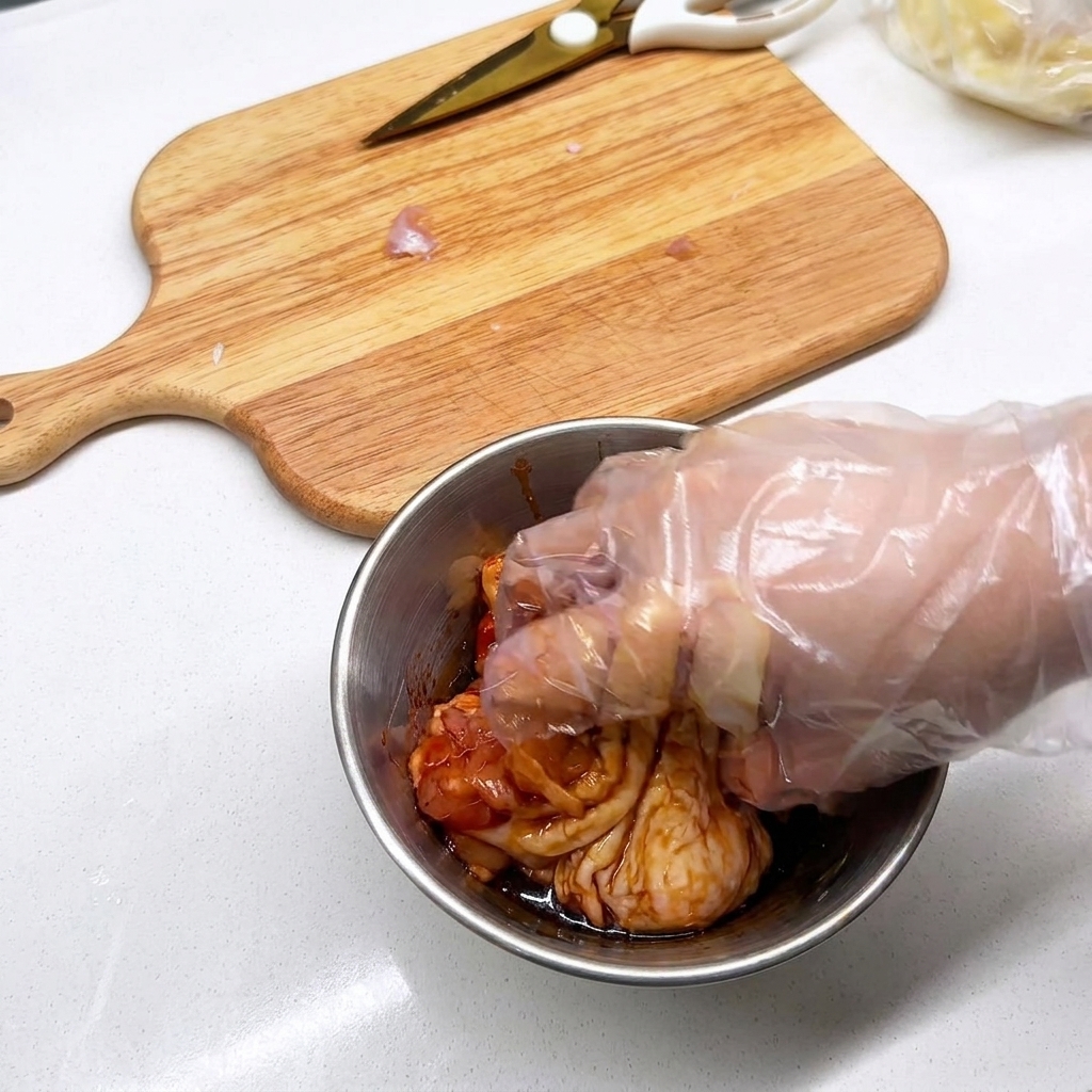 Gloved hand mixing the chicken leg pieces with marinade and aromatics in a metal bowl.