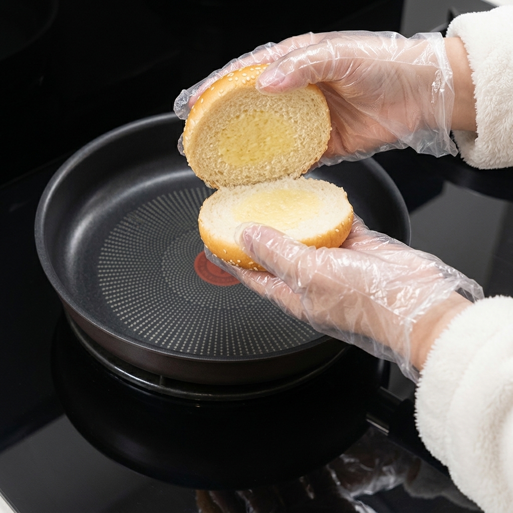 Two burger bun halves toasting in a non-stick pan with melted butter.