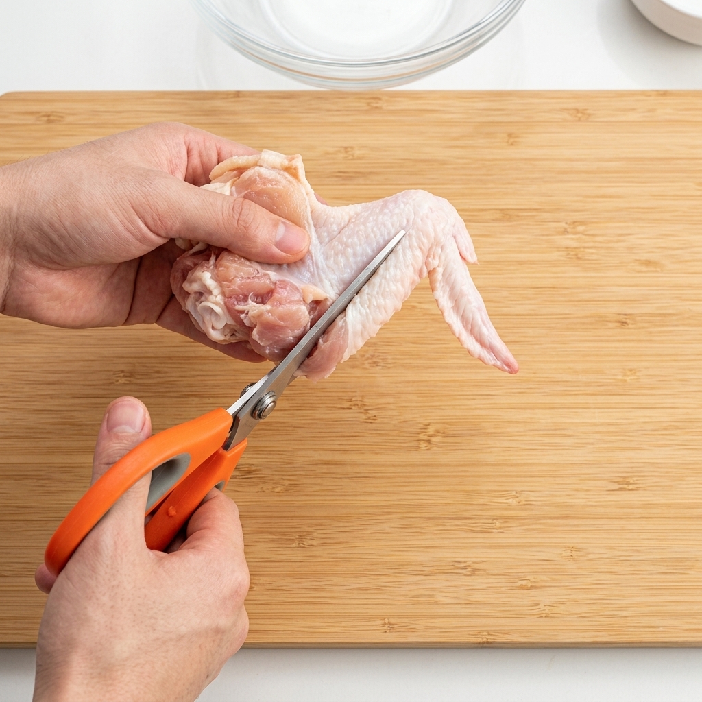 A close-up of hands using kitchen scissors to trim the bone from a raw chicken thigh on a wooden board.