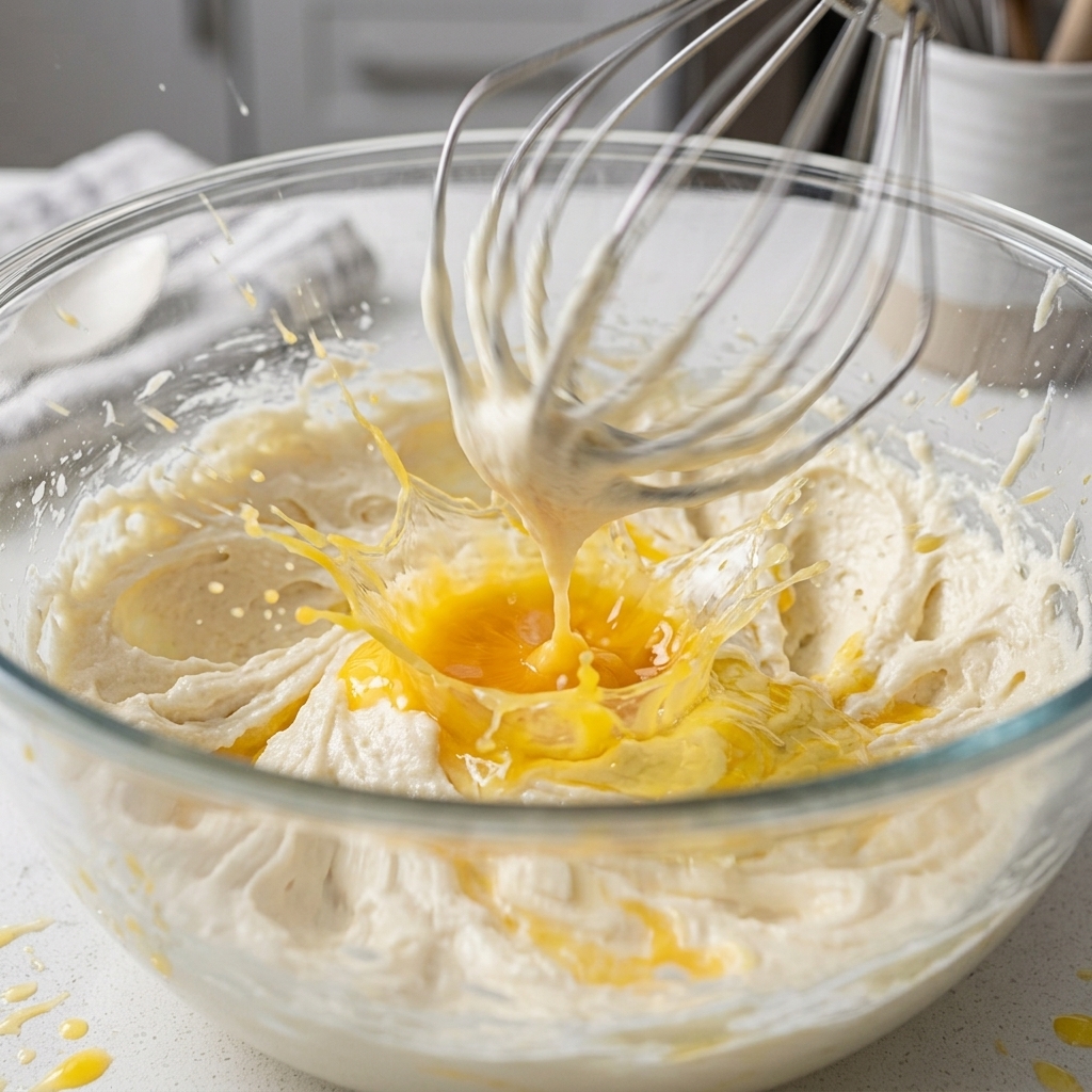 A stand mixer whisking burger dough ingredients in a large glass bowl.