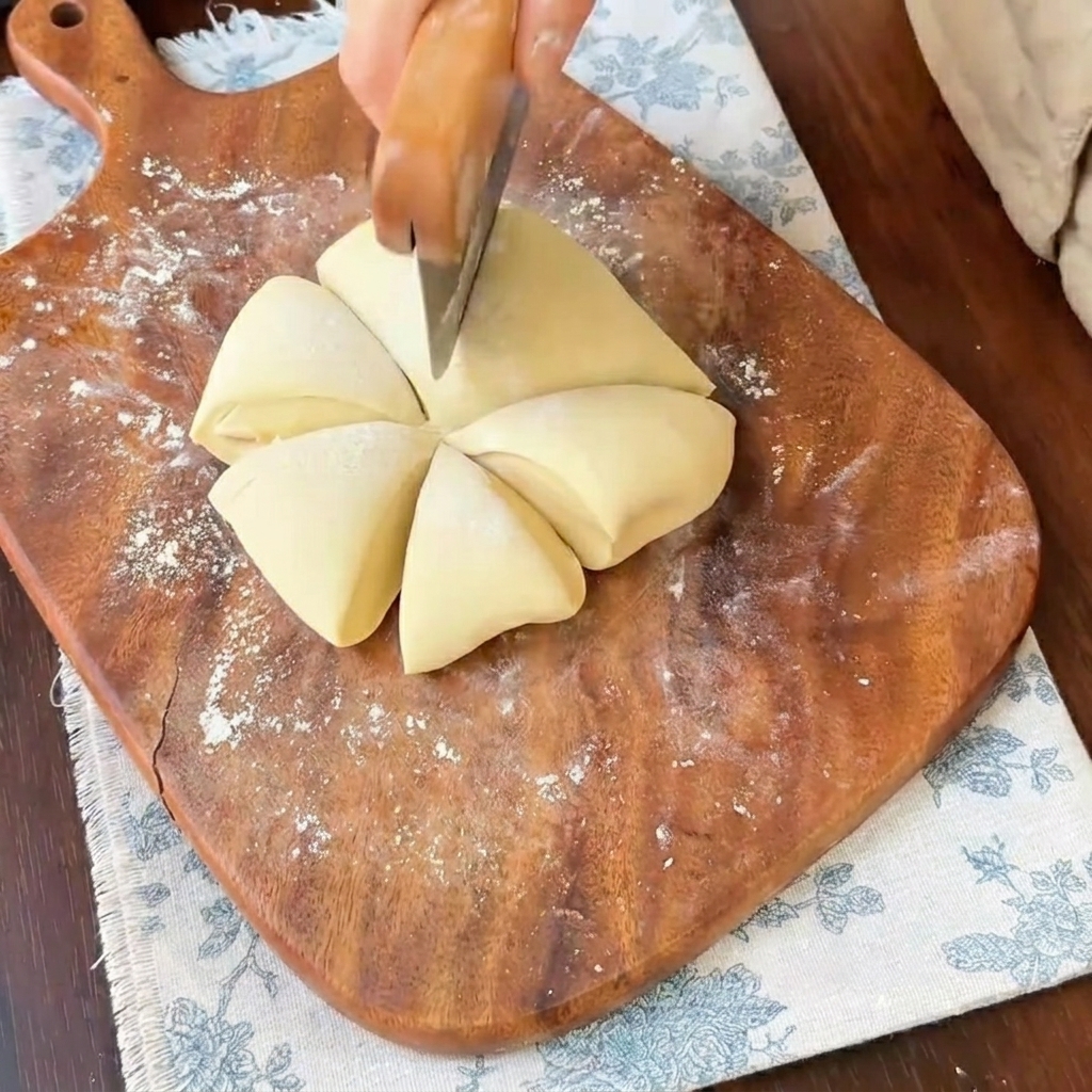 Six portions of prepared dough being cut and separated on a wooden cutting board.