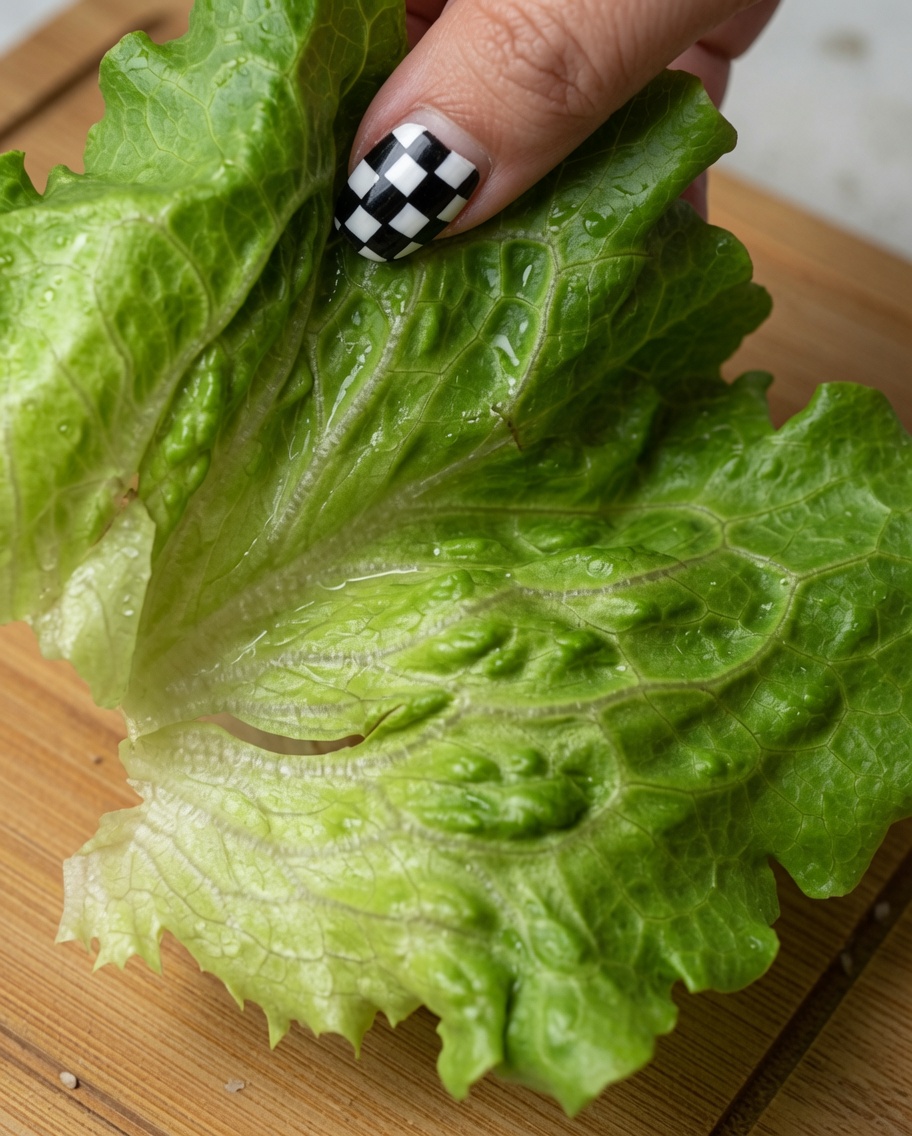 A fresh lettuce leaf being carefully placed onto a bun topped with ketchup.