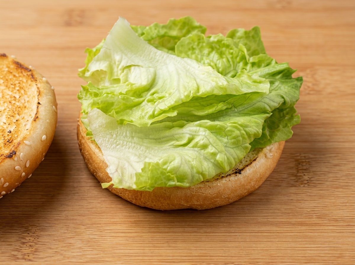 Fresh, bright red tomato slices being placed over the layer of lettuce on the bun.