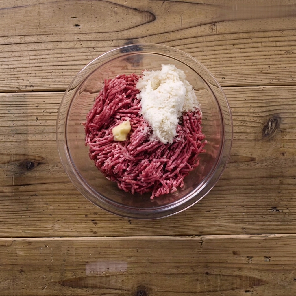 A large bowl containing minced meat, a raw egg, and soaked breadcrumbs.