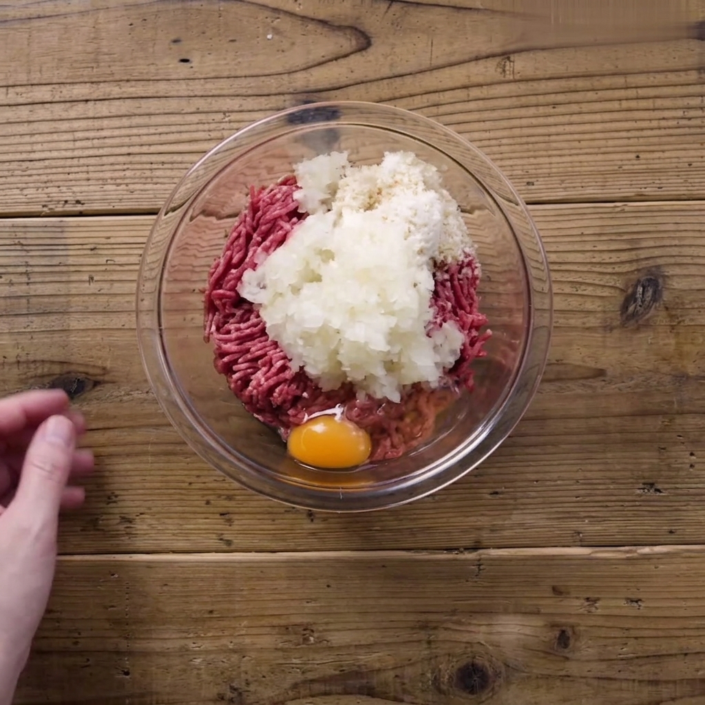 A bowl containing ground meat, chopped onions, breadcrumbs, and a cracked raw egg, with a hand reaching in to begin mixing.