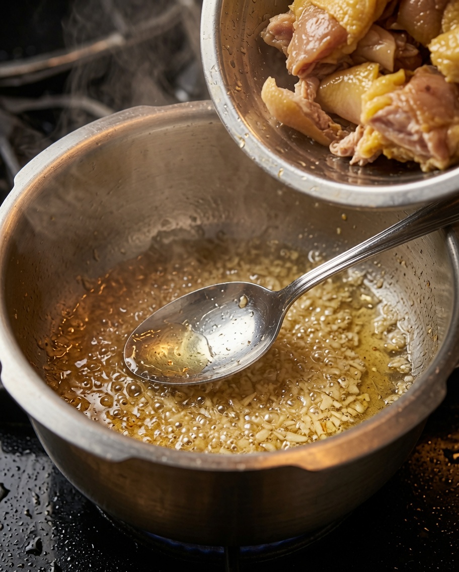 Blanched chicken pieces being added into the pot with sautéed ginger and garlic.