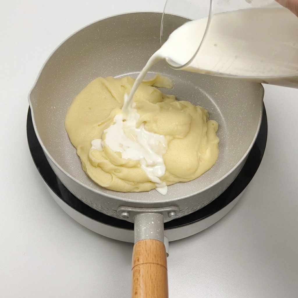 A close-up view showing white wine and hot water being poured into a light-colored cooking pan containing chicken and aromatics.