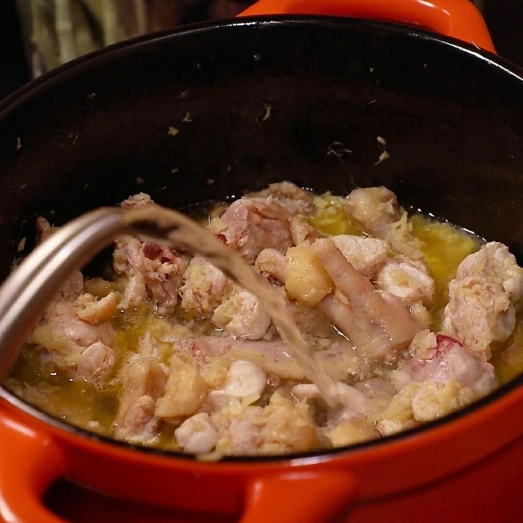 A red pot covered with a matching lid simmering on a stove, creating a gentle steam.