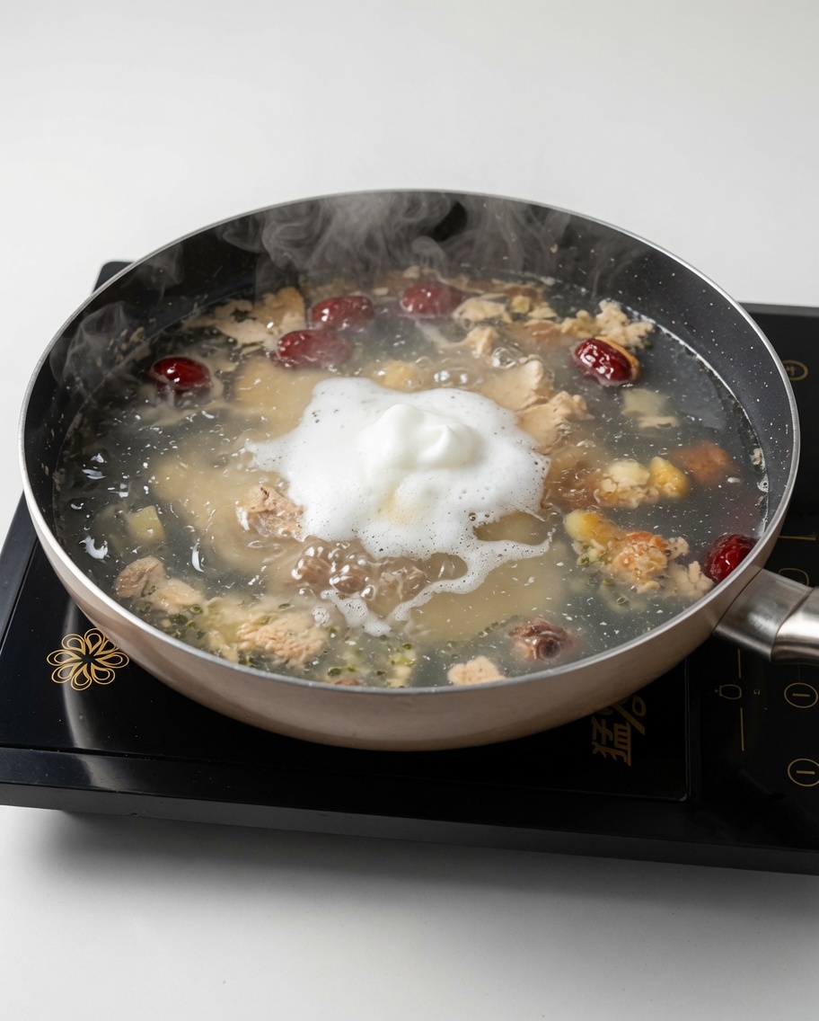A ladle removing white foam from the surface of the boiling chicken soup.
