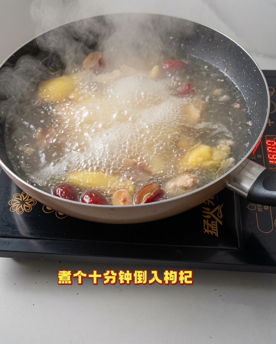Dried goji berries being sprinkled into the boiling chicken soup.