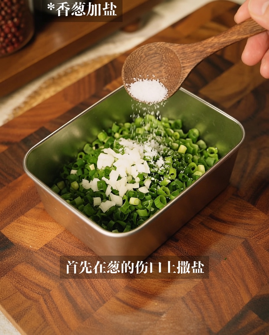 Chopped scallions in a metal container being mixed with salt.