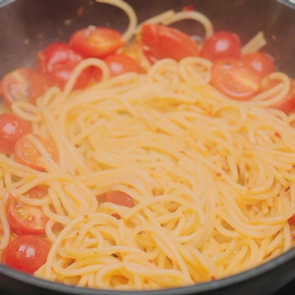 Pasta and cherry tomatoes being tossed with tongs in a pan to ensure even coating.