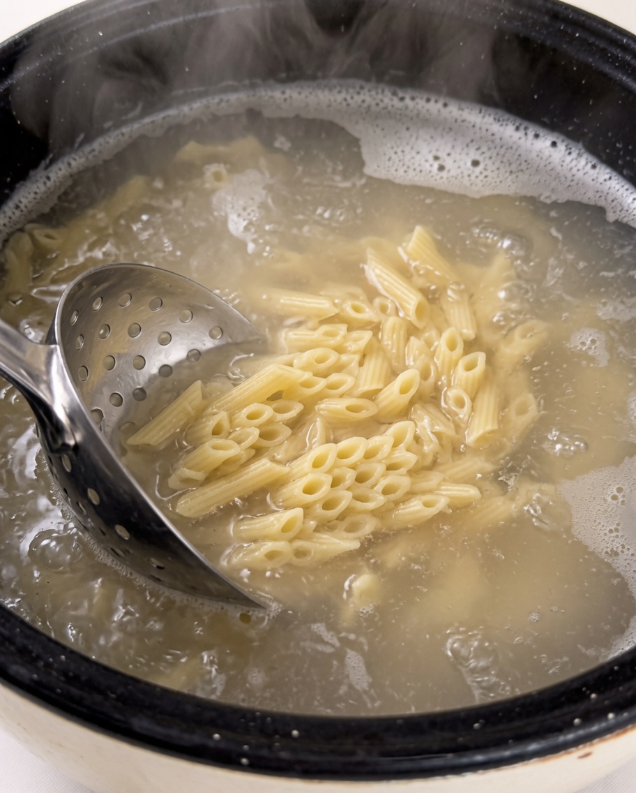 Penne pasta being stirred in boiling water with a metal slotted spoon.