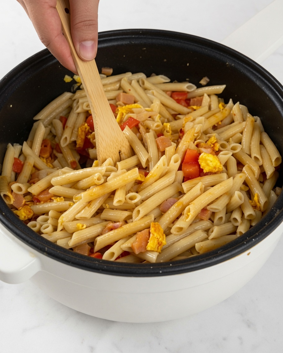 A pan containing penne pasta mixed with diced red peppers, meat, and scrambled egg, being stirred with a wooden spoon.