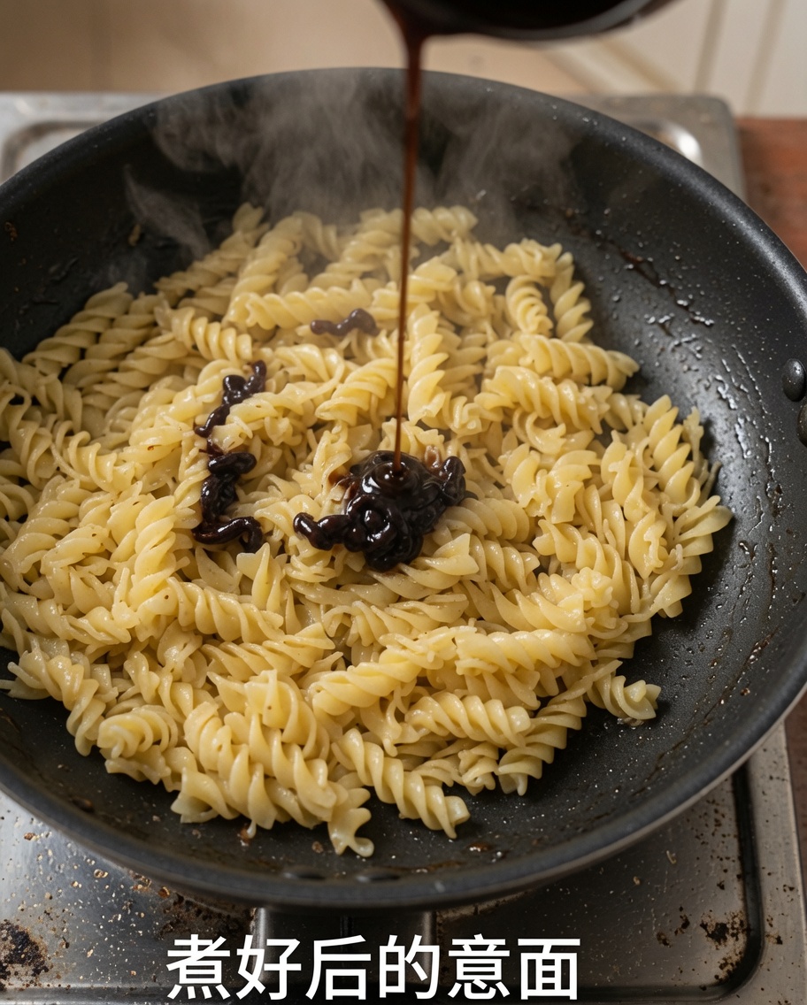 Black pepper sauce being poured onto cooked fusilli pasta in a pan.