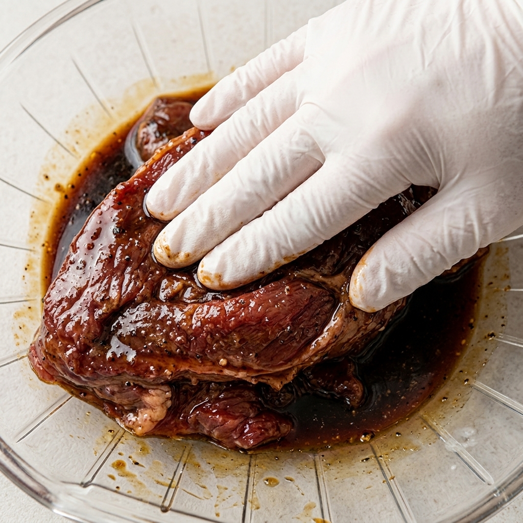 Beef slices being tenderized with a metal mallet.