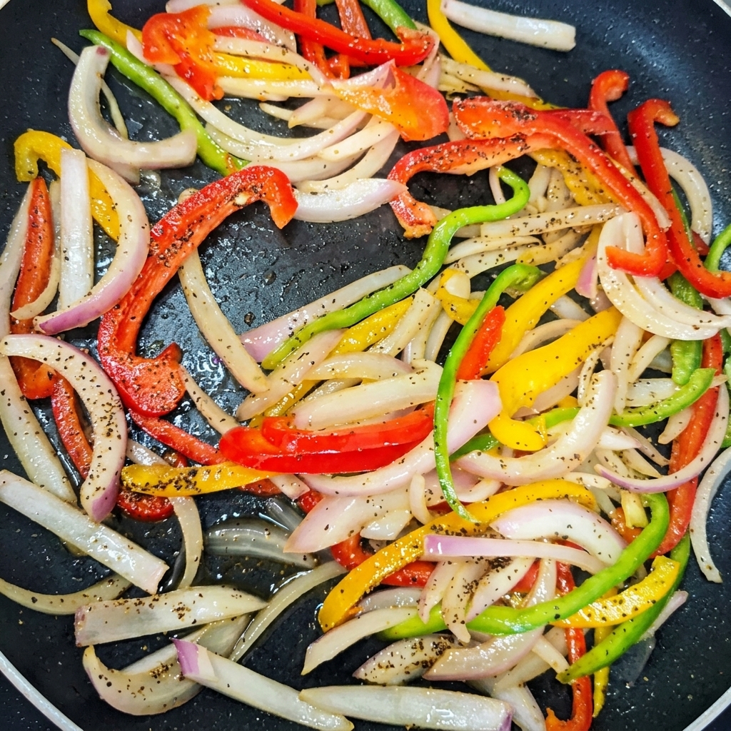 Beef, pasta, and vegetables being stir-fried together in a pan.