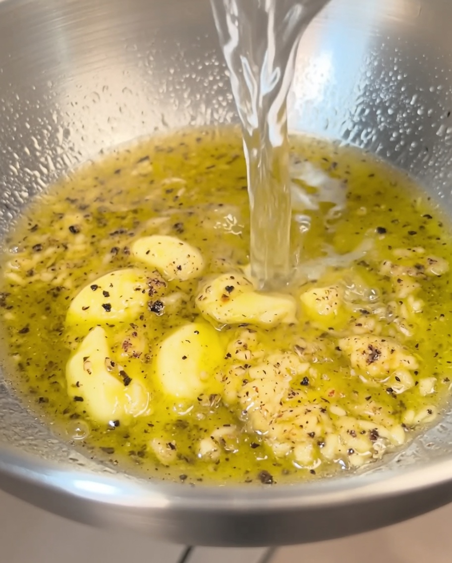 A creamy, emulsified sauce in the bowl after whisking the butter, oil, and pasta water together.