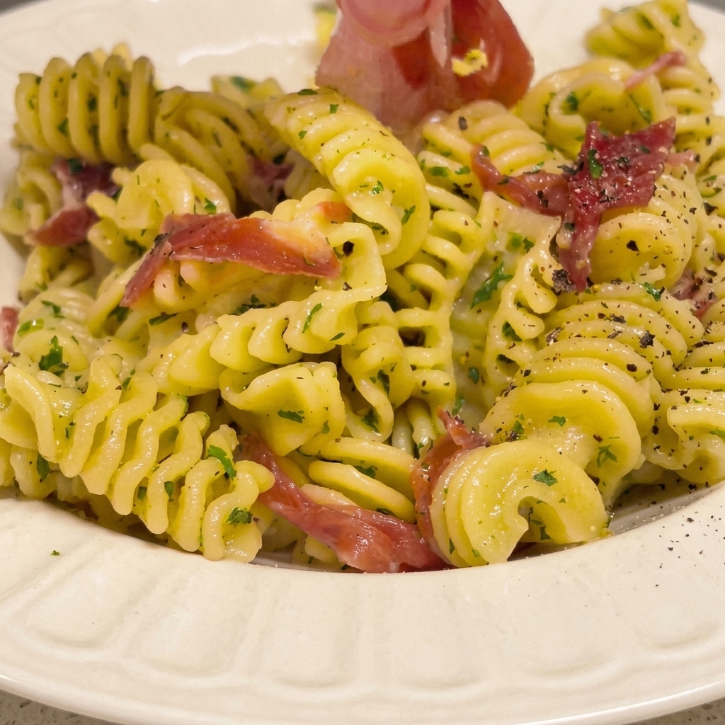 Dried parsley being sprinkled over the pasta dish in a serving bowl.