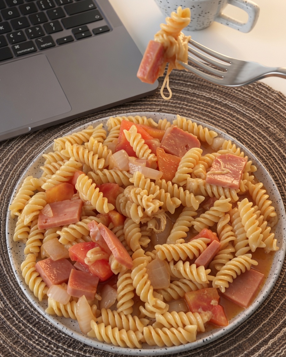 Slices of ham or bacon being cut into small, even pieces on a wooden surface.