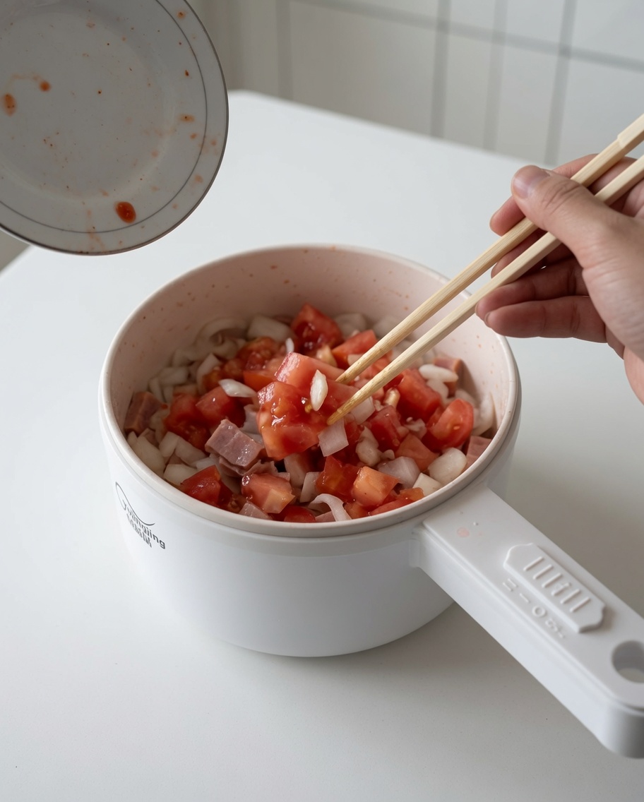 Freshly chopped tomato pieces being stirred into the pan with bacon and onions using wooden chopsticks.