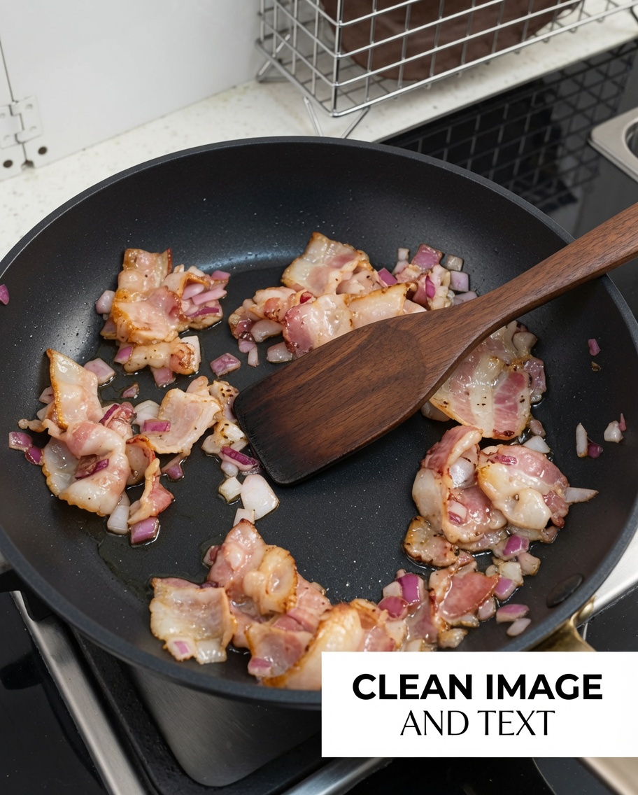 Freshly sliced mushrooms being added to the pan with bacon and onions, cooking in savory fats.