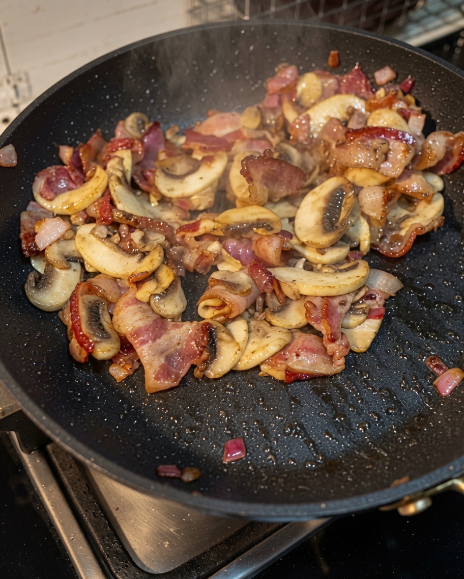 Boiled spaghetti being mixed in a pan with sautéed bacon, onions, and mushrooms, seasoned with black pepper.
