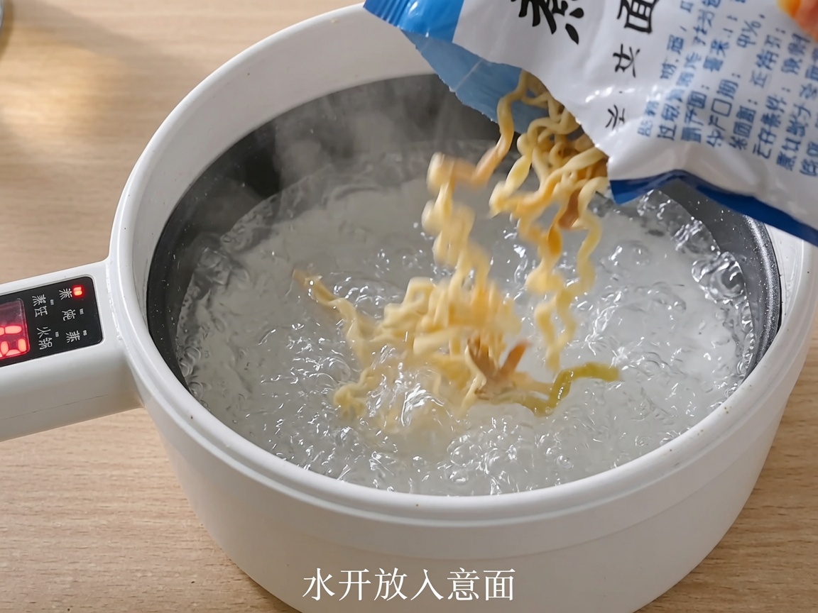 Spiral pasta being poured into a pot of boiling water.