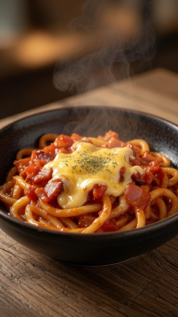 Tomato Bacon Cheese Udon Noodles