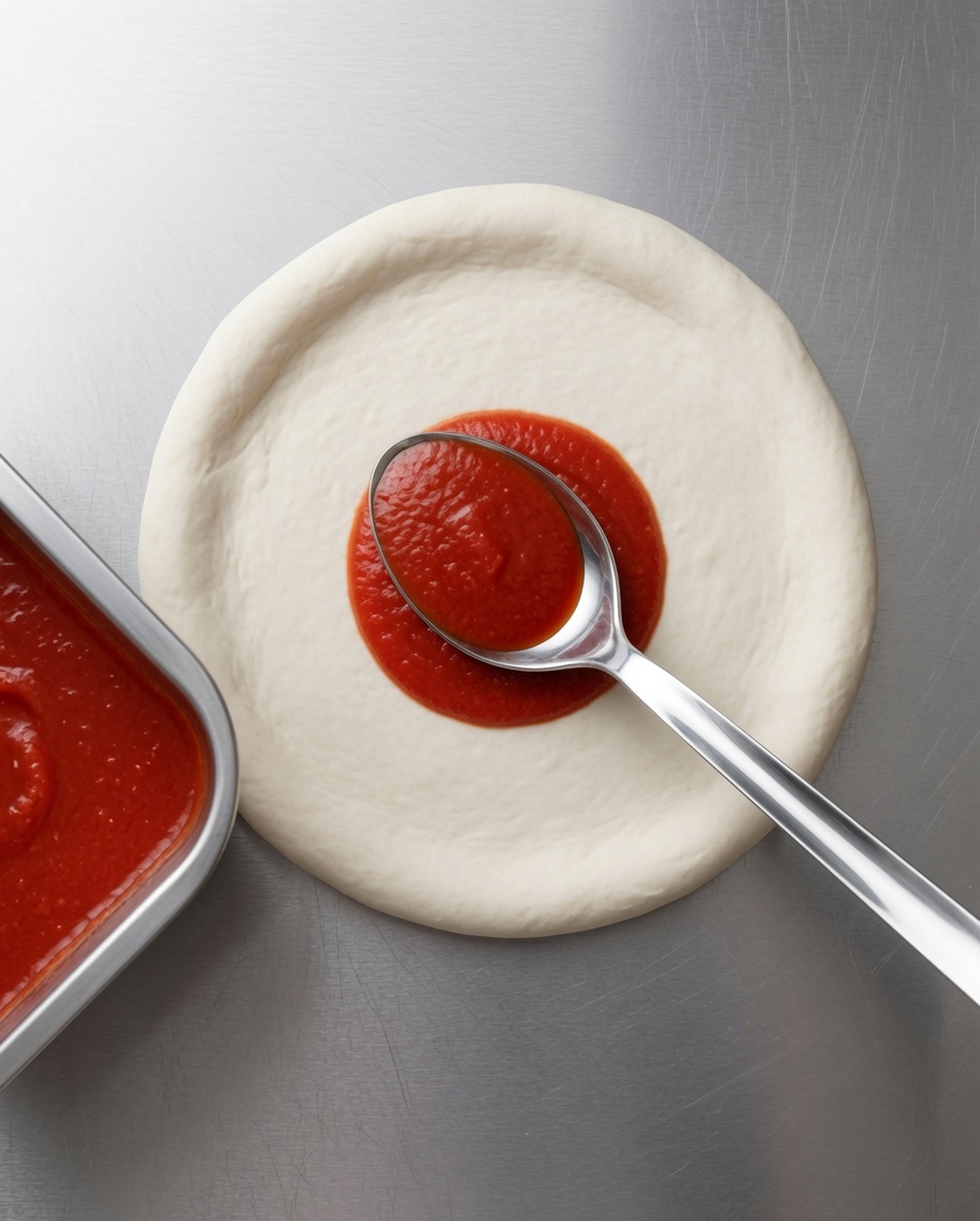 Tomato sauce being spread over pizza dough with a metal spoon.