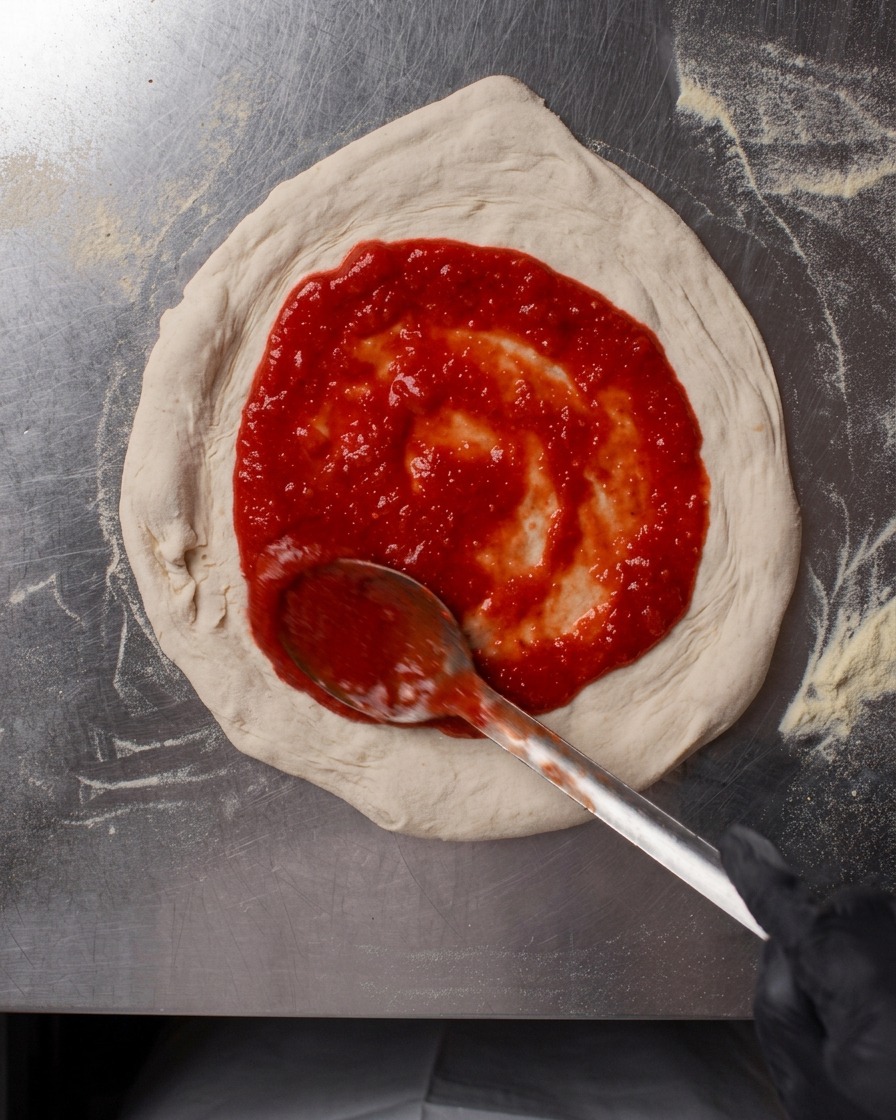 Dried herbs being sprinkled over a tomato sauce-covered pizza base.