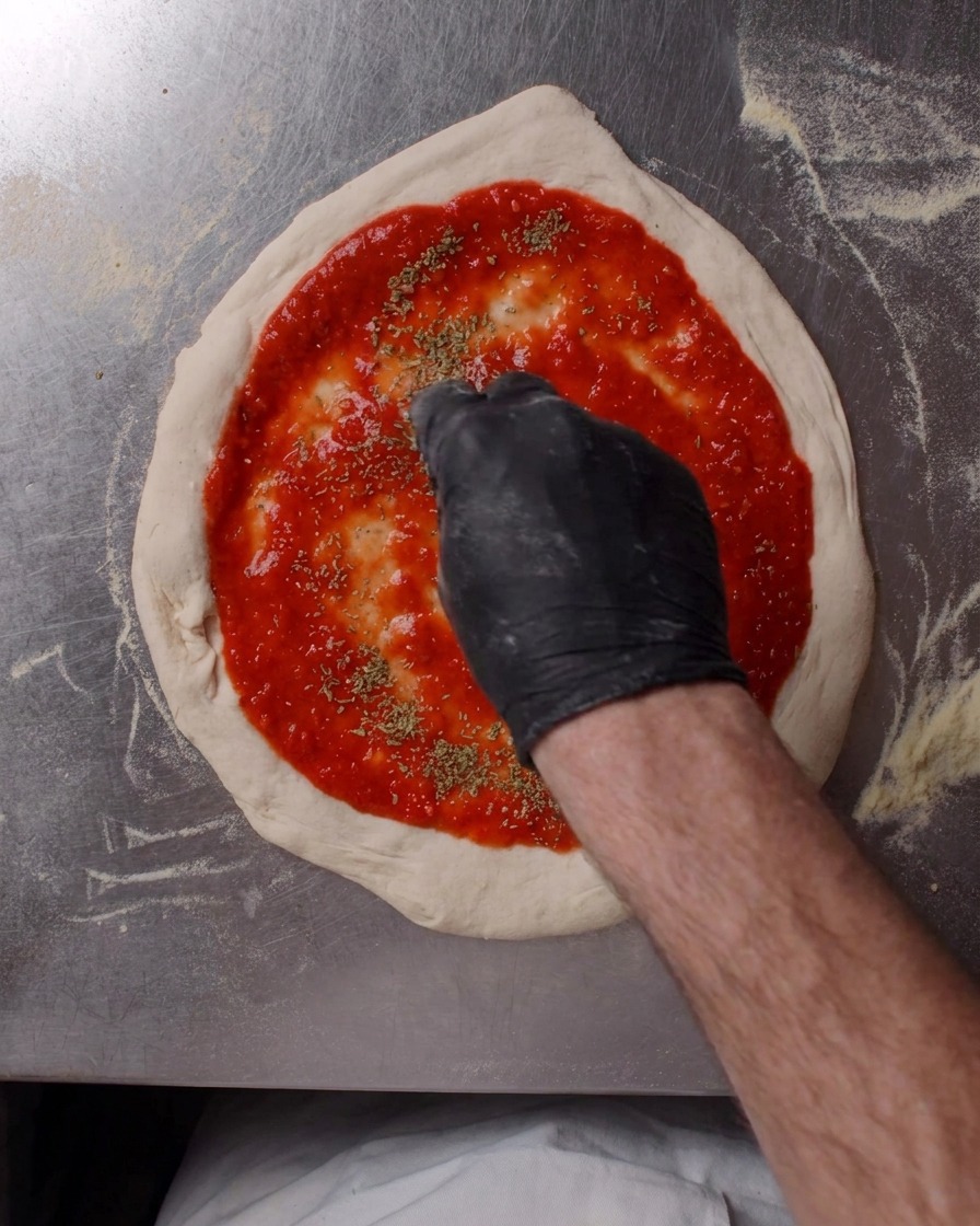 Slices of fresh mozzarella cheese being laid out on top of the tomato sauce.