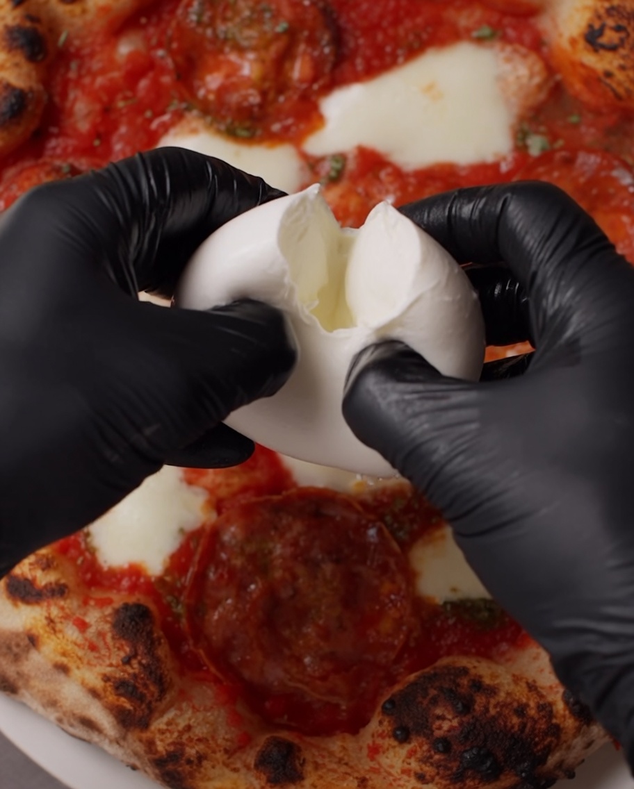 A ball of fresh burrata cheese being broken open onto a hot, freshly baked pizza.