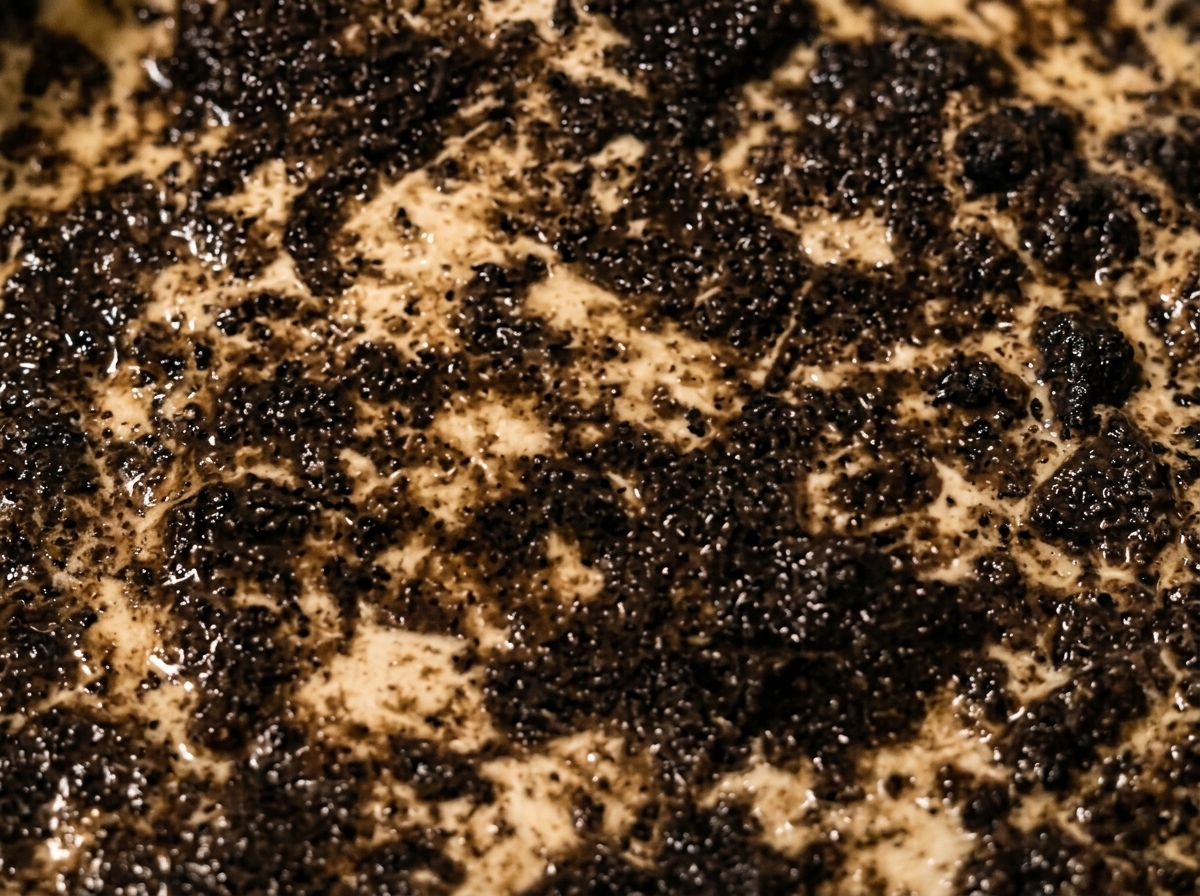 Sliced mushrooms arranged on top of a black truffle sauce pizza layer.