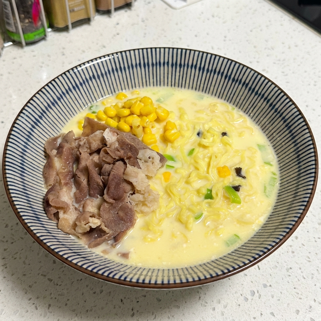 A spoon holding yellow sweet corn kernels being added to a bowl of ramen with beef and noodles.